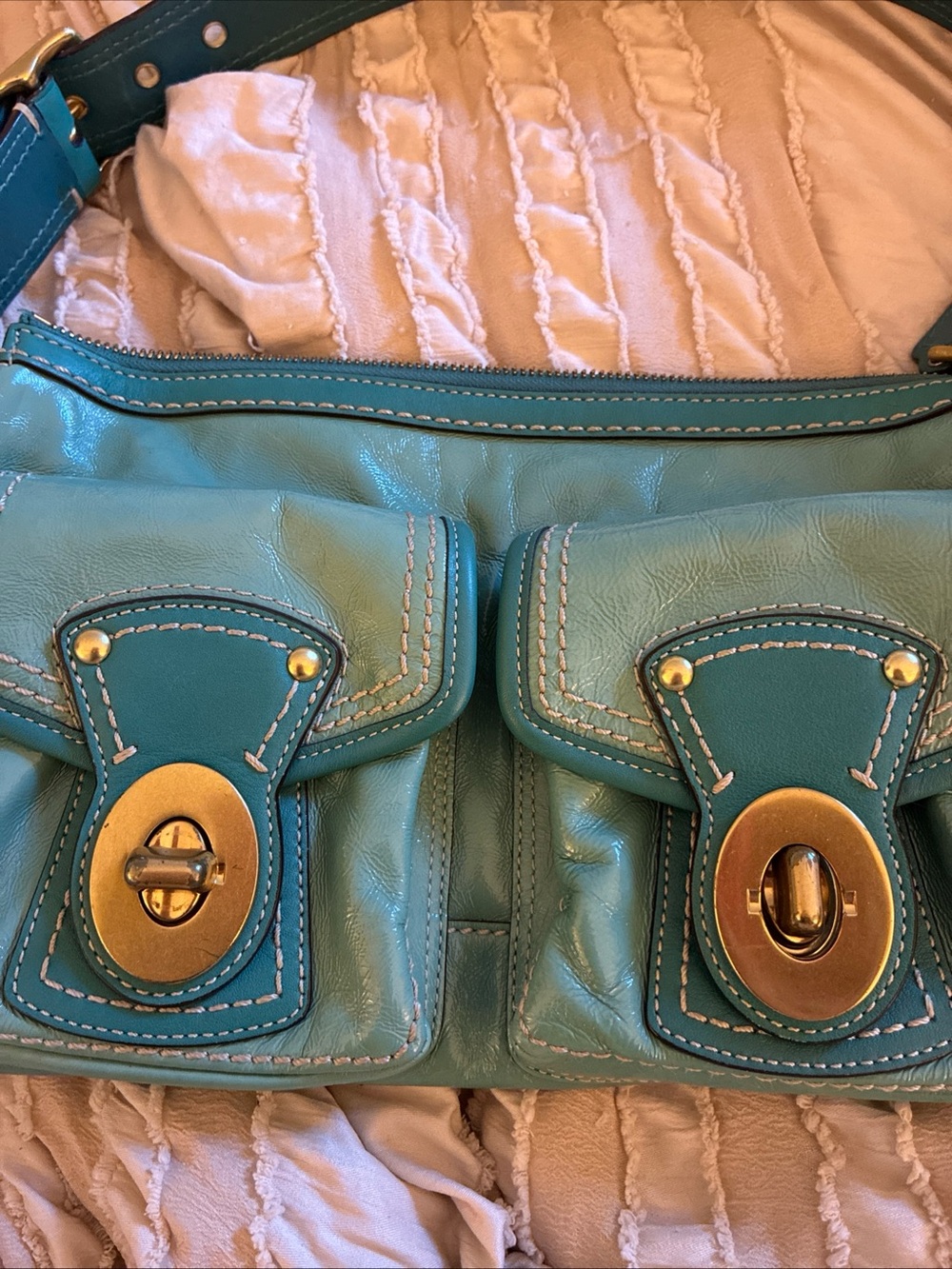 Coach F13371 Women's Teal Leather Double-Pocket Crossbody Bag